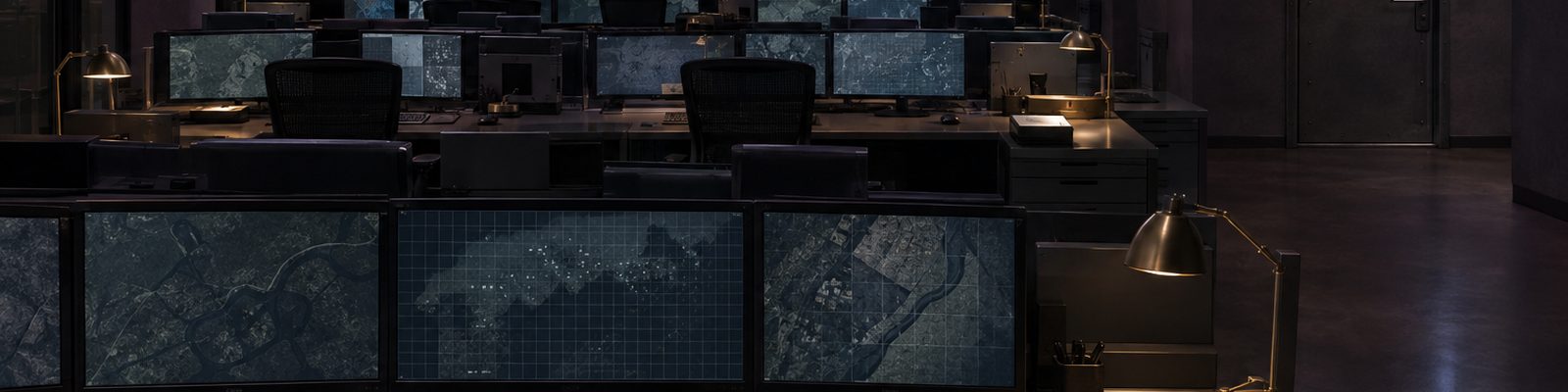A dim secure operations room with a long console of workstations showing muted map graphics, cable trays overhead and a heavy steel door with a keypad at the far wall; no people present.