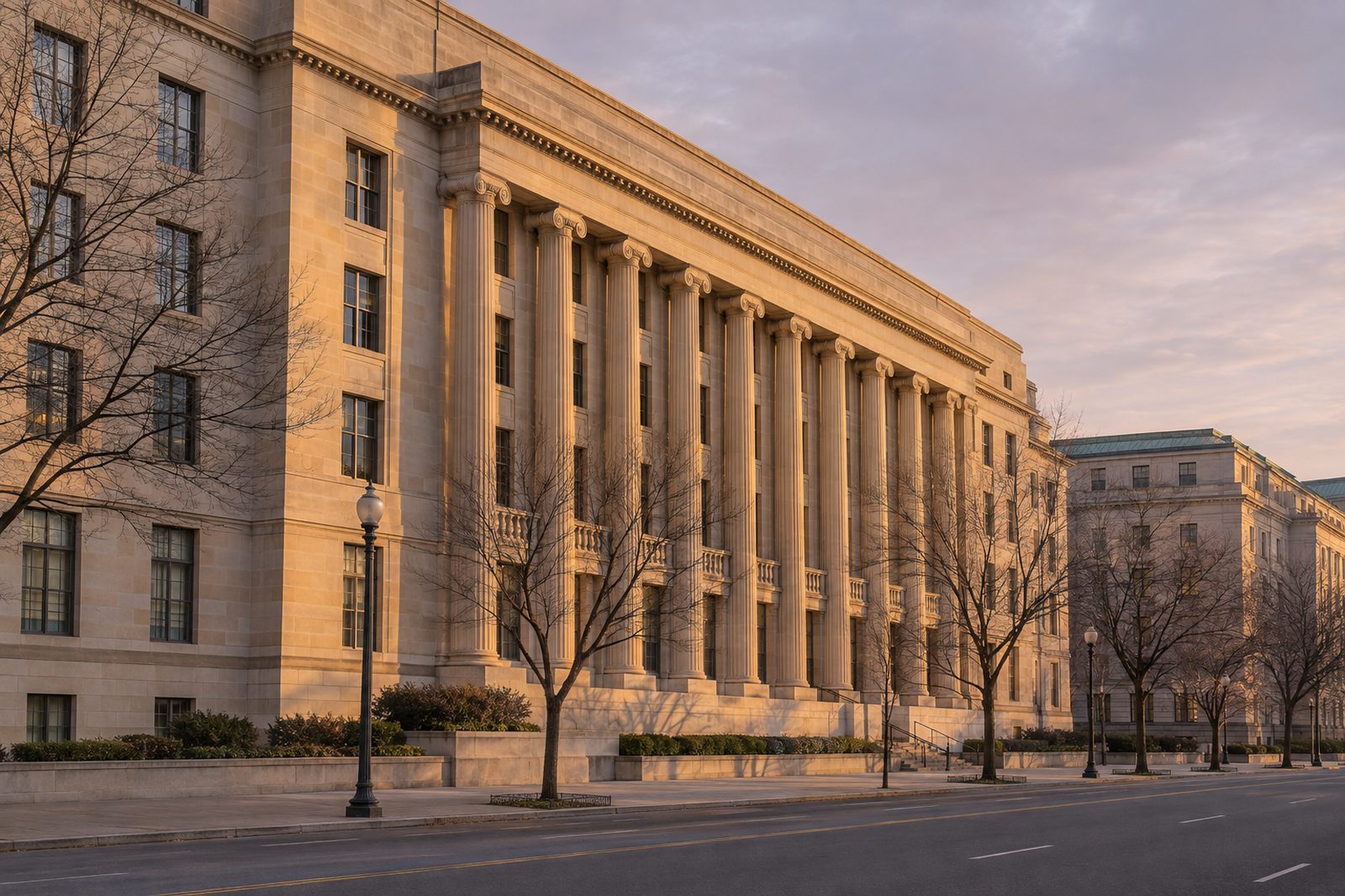A limestone federal-style government office building photographed from across an empty street in early morning light.