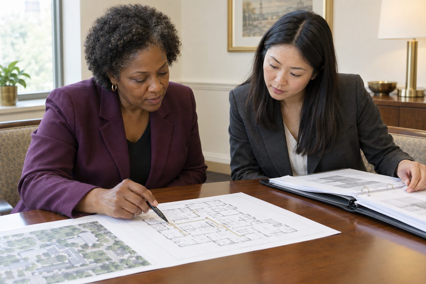Two consultants in business attire reviewing printed continuity plan pages and an unlabeled facility floor plan together at a conference table, one tracing a route with a pen.