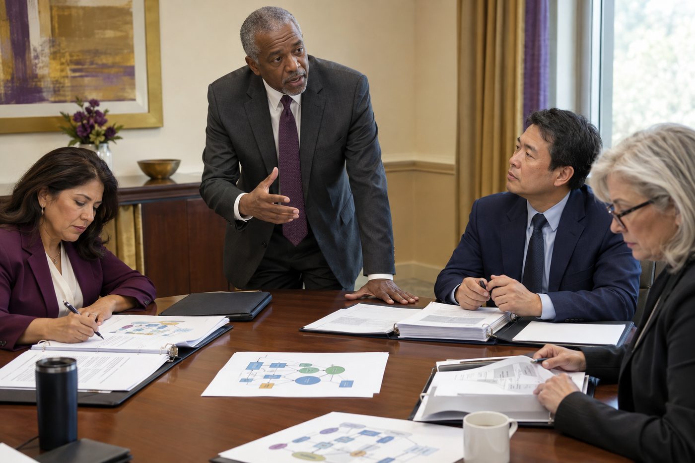 A senior man in a charcoal suit standing at a conference table leading a tabletop continuity exercise, directing a discussion with three colleagues in business attire who are annotating printed plan binders and process diagrams.